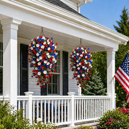 🎉Patriotic Hanging Flower Baskets 🔴⚪🔵 - Artificial Outdoor Decor, No Maintenance
