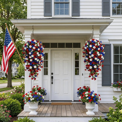 🎉Patriotic Hanging Flower Baskets 🔴⚪🔵 - Artificial Outdoor Decor, No Maintenance