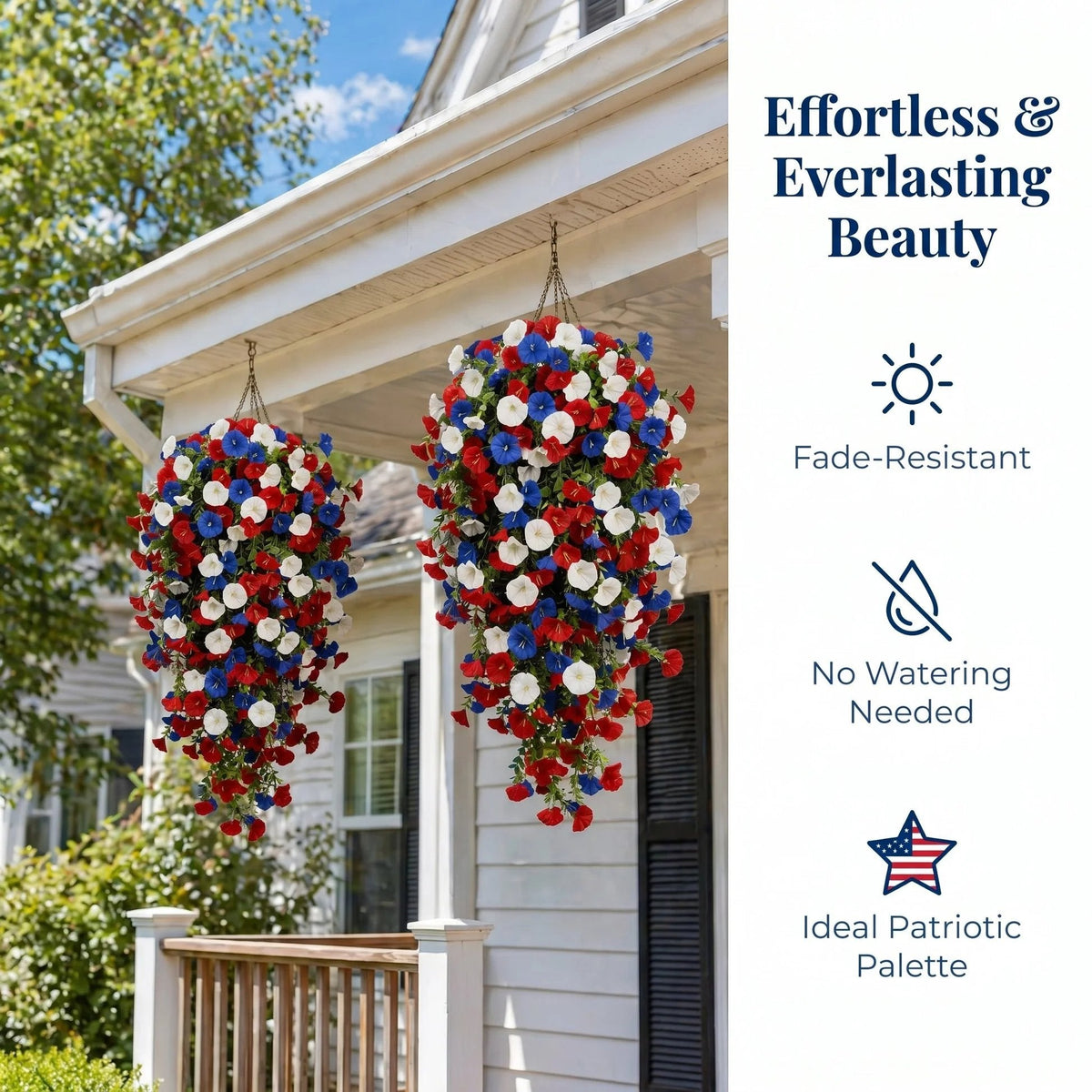 🎉Patriotic Hanging Flower Baskets 🔴⚪🔵 - Artificial Outdoor Decor, No Maintenance