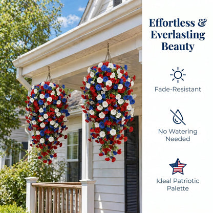 🎉Patriotic Hanging Flower Baskets 🔴⚪🔵 - Artificial Outdoor Decor, No Maintenance