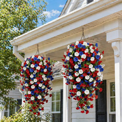 🎉Patriotic Hanging Flower Baskets 🔴⚪🔵 - Artificial Outdoor Decor, No Maintenance