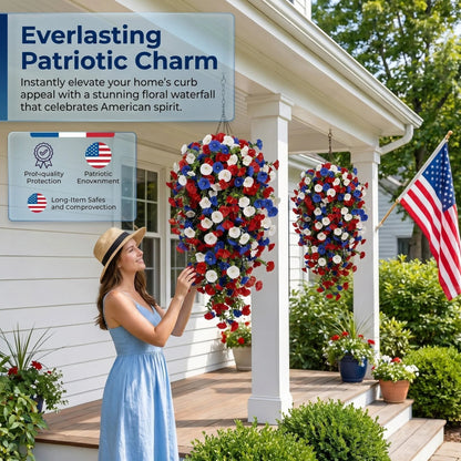 🎉Patriotic Hanging Flower Baskets 🔴⚪🔵 - Artificial Outdoor Decor, No Maintenance