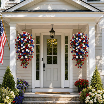 🎉Patriotic Hanging Flower Baskets 🔴⚪🔵 - Artificial Outdoor Decor, No Maintenance