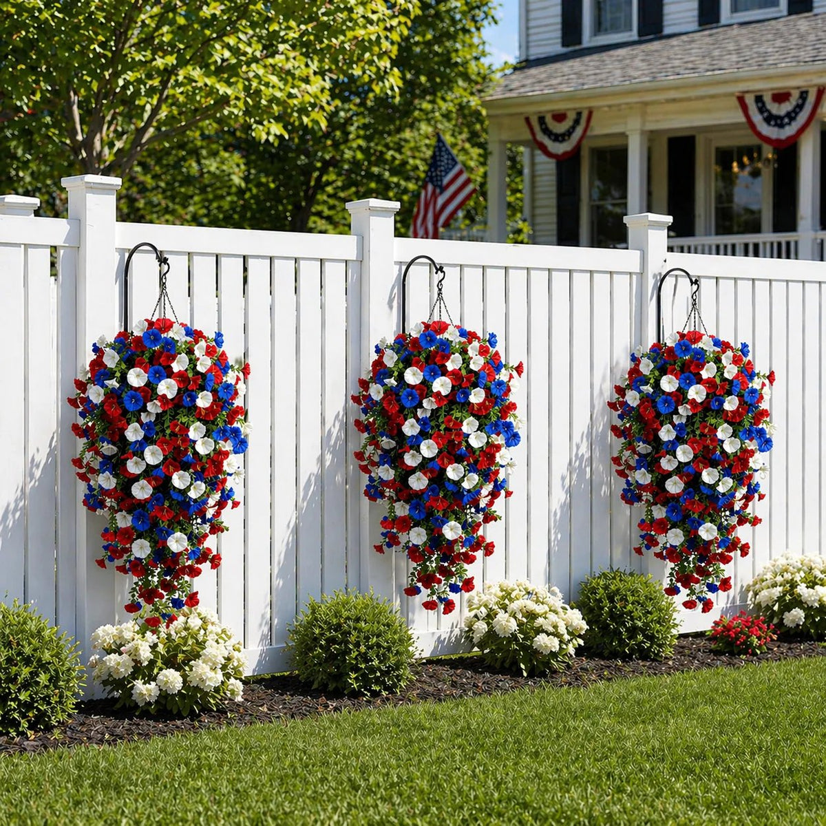 🎉Patriotic Hanging Flower Baskets 🔴⚪🔵 - Artificial Outdoor Decor, No Maintenance