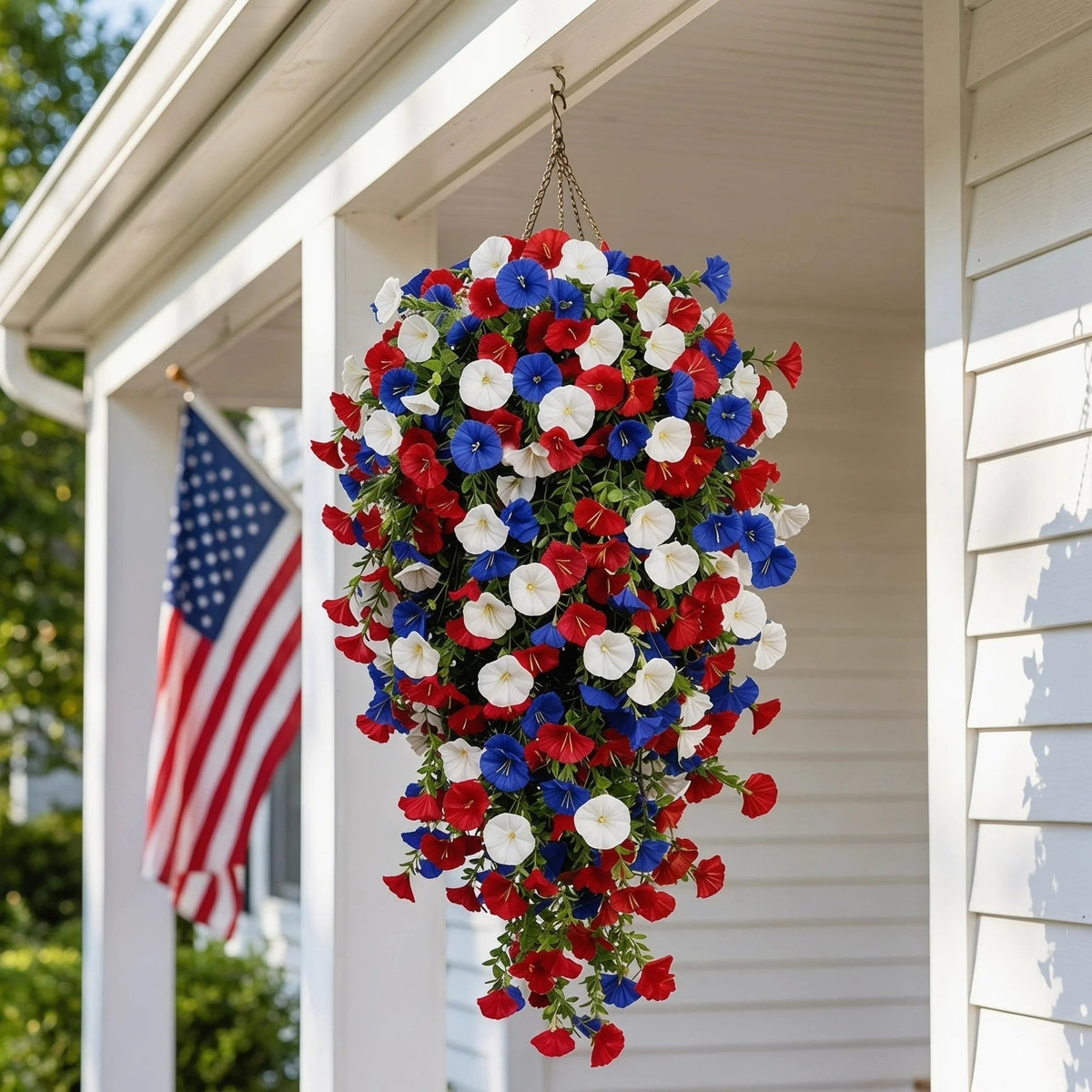 🎉Patriotic Hanging Flower Baskets 🔴⚪🔵 - Artificial Outdoor Decor, No Maintenance