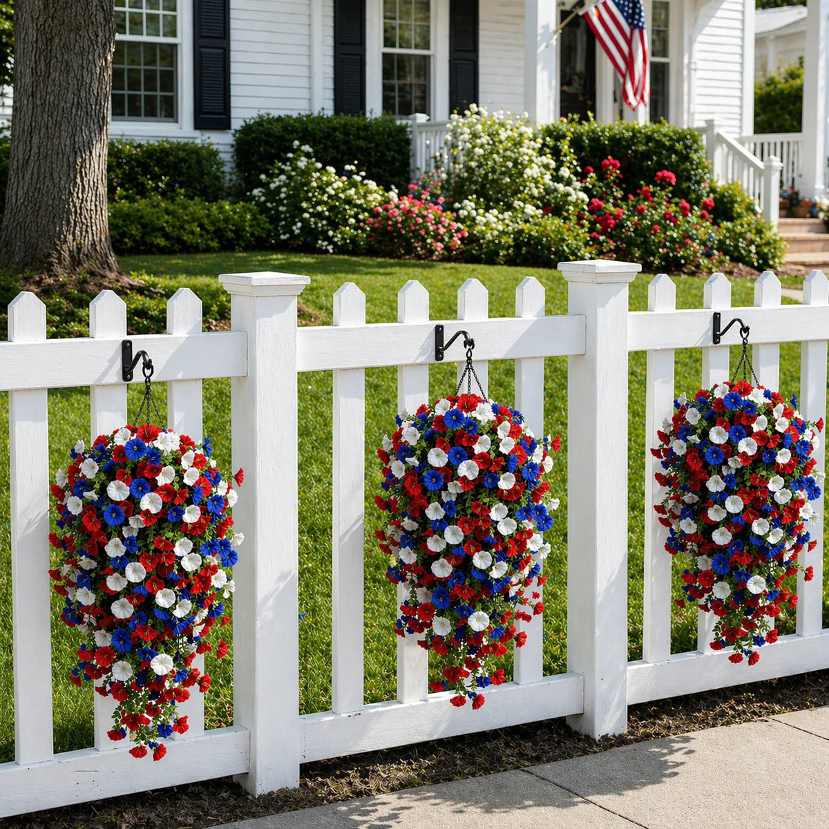 🎉Patriotic Hanging Flower Baskets 🔴⚪🔵 - Artificial Outdoor Decor, No Maintenance