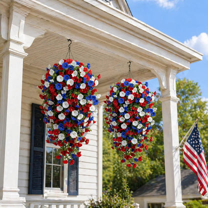 🎉Patriotic Hanging Flower Baskets 🔴⚪🔵 - Artificial Outdoor Decor, No Maintenance