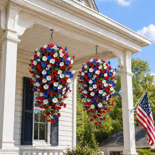 🎉Patriotic Hanging Flower Baskets 🔴⚪🔵 - Artificial Outdoor Decor, No Maintenance